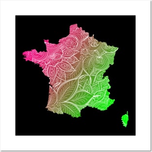 Colorful mandala art map of France with text in pink and green Posters and Art